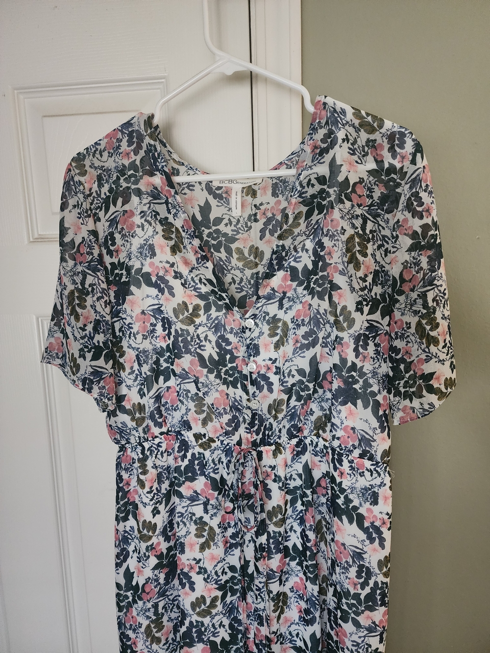 BCBGeneration Floral V-Neck Cinched Waist Dress - Pink & Green